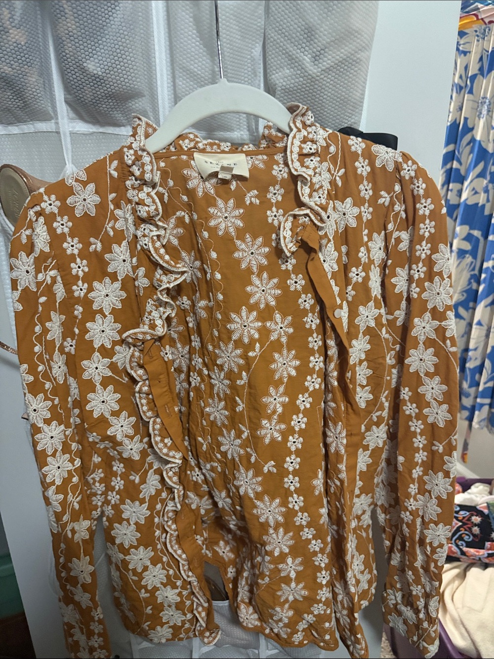 Sezane Mustard Yellow Floral Ruffle Blouse